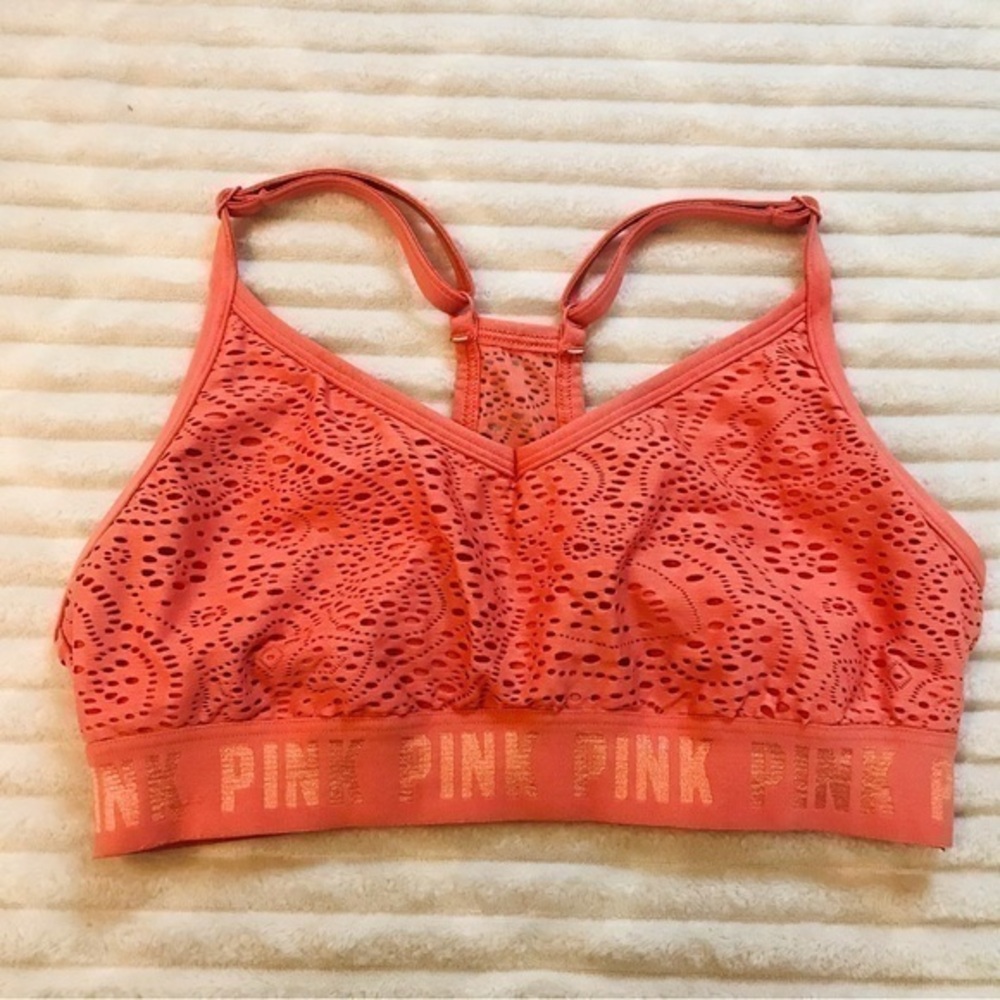 VS PINK Sport Victoria’s Secret Salmon Eyelet Lace Sports Bra Women’s size Small
